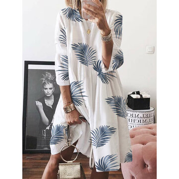 Robe à manches longues décontractée imprimée à col rond et à manches longues pour femmes