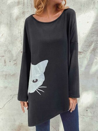 Irregular Cartoon Cat Print Long Sleeve Splited Blouse