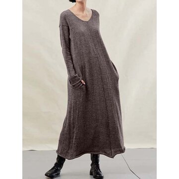Frauen Solide V-Ausschnitt Langarm Causal Maxi Kleid