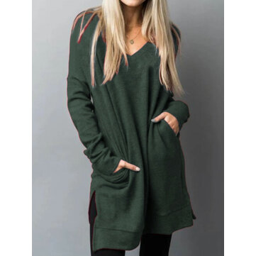 Kadın V yaka Yan Bölünmüş Casual Uzun Bluz