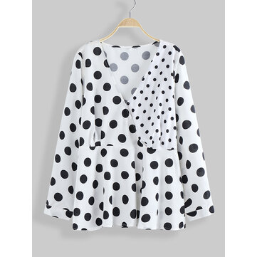 Plus Size Women Polka Dot Patchwork V-neck Casual Blouse