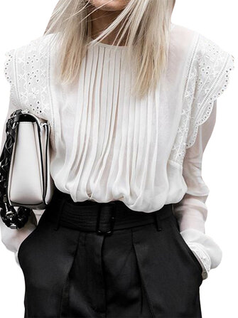 Lace Patch Loose Puff Long Sleeve O-neck Pleated Blouse