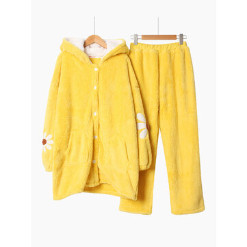 Çiçekli Mercan Fleece Düğme Aşağı 2-Parça Pijama Hood ile Set