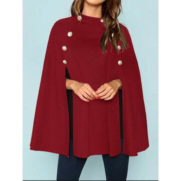 Women British Style Solid Color Button Loose Elegant Cloak Coats