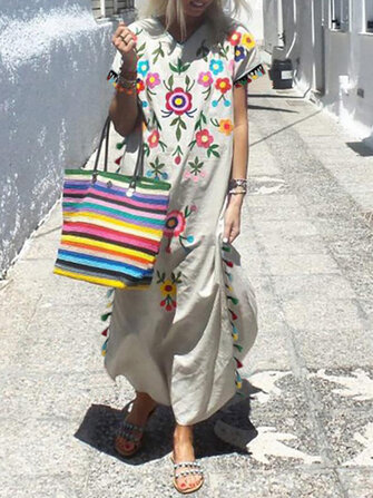 Baskı Gevşek Vintage Püskül Yan Bölünmüş Çiçek Maxi Elbise