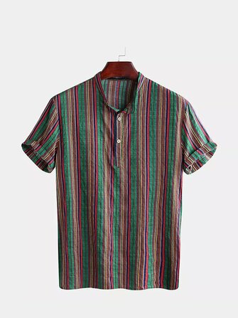 Krótkie koszule męskie z krótkim rękawem w stylu vintage w paski w stylu etnicznym