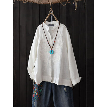 خمر المرأة عارضة مطرزة زر كم طويل بلوزة