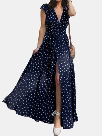 Polka Dots V-Ausschnitt Kurzarm Wickel Maxi Kleid