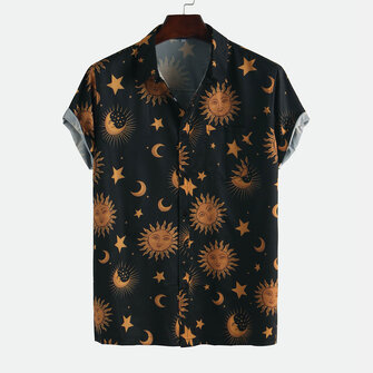 Männer Sun Moon Print Kurzarm entspannte Shirts