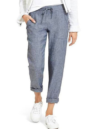 Mulheres Pure Color Elastic Cintura Lateral Bolsos Calças Calças