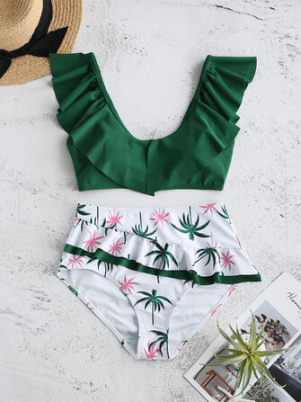 Çiçek Baskılı Yüksek Bel Kolsuz Fırfır Backless Tankini