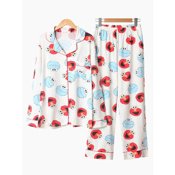 Desenhos animados de algodão impresso botão de lapela para baixo pijama de manga comprida