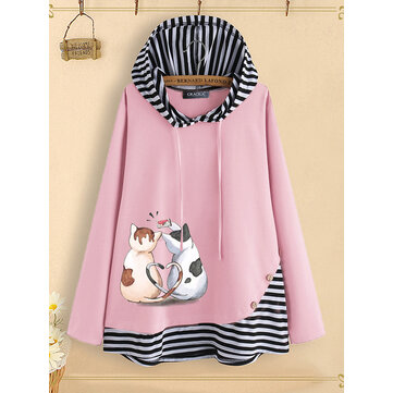 Şerit Patchwork Karikatür Kedi Baskı Düğmesi Kapşonlu