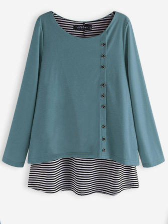長袖クルーネックストライプパッチワーク因果ブラウス