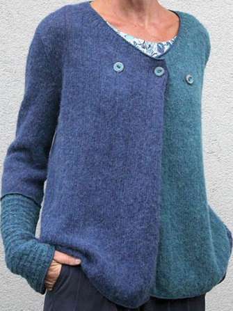 Maglioni allentati casual scollo a V color block Pulsanti