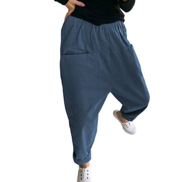 Harem Calças de bolsos com bolsos elásticos na cintura