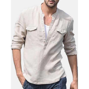 Men's 100% Linen Breathable Double Pockets Casual Shirts