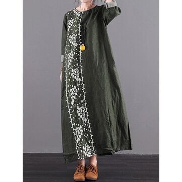 Vrouwen print ronde hals losse split vintage maxi jurk