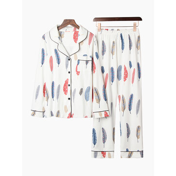 Pigiama in cotone con risvolto stampato a maniche lunghe in piuma donna