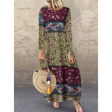 Damska bawełniana sukienka z długimi rękawami i kwiecistym wzorem w kwiaty