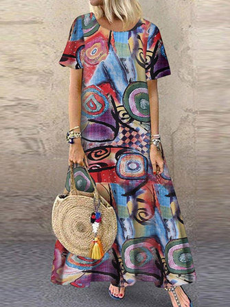 Ethnic Floral Print O-neck Short Sleeve Maxi Dress