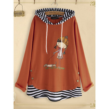 Cartoon Print Seite Button Streifen Patchwork Kapuzenpullover