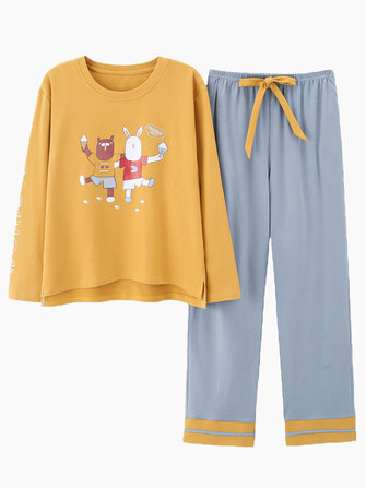 Conjunto de pijama de manga comprida Cototn Print Overhead Leisure