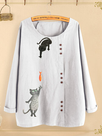 Button Cartoon Katze Print O-Ausschnitt Freizeitbluse Shirts