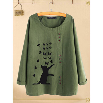 T-shirt a manica lunga da donna Collo con stampa gatto di cartone animato