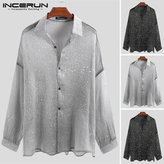 ファッションメンズメッシュ薄手シースルー長袖ボタンダウントップt