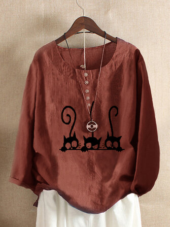 Plus Size Cartoon Katze Langarmbluse mit Rundhalsausschnitt