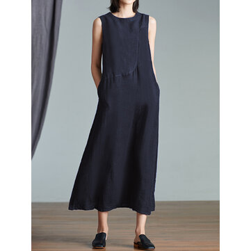Mujeres Algodón Patchwork Sin Mangas Casual Vestido con Bolsillos