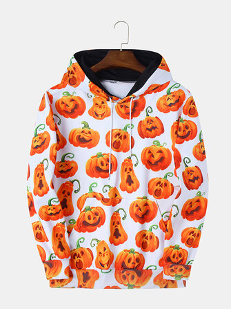 Halloween Pumpkin Monster Print Casual Insert Pocket Hooded