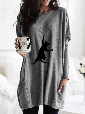 Luźna bluzka z kreskówkowym kotem dla kobiet z długim rękawem