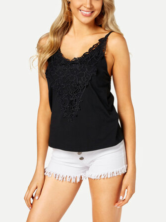 Dames v-hals kanten patchwork mouwloze casual tanktops