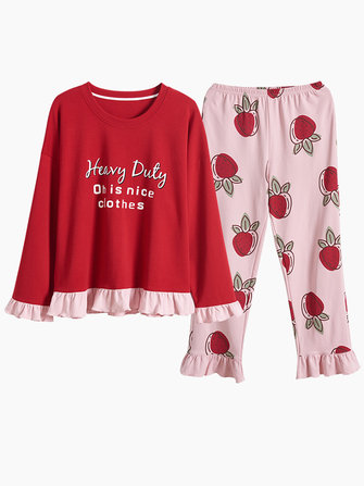 Long Sleeve Plus Size Cotton Cute Print 2-Piece