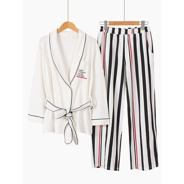 Pamuklu Kimono Çizgili Baskılı Uzun Kollu Günlük Pijama Takımı