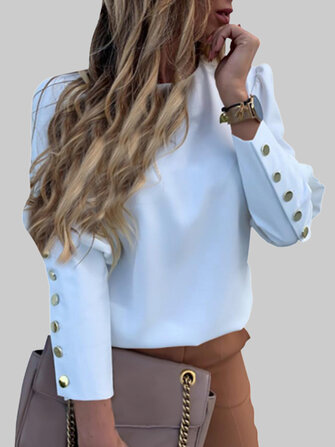 Solid Color Back Button Long Sleeve Causal Blouse