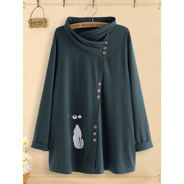 Çizgi Film Sevimli Kedi Balıkçı Yaka Asimetrik Bluz