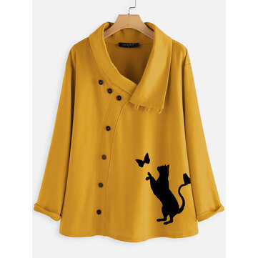 Mulheres Causal Button Cartoon Cat Print Blusa