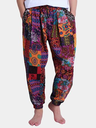 Hombre estilo étnico impreso suelto de algodón informal Harem Pantalones