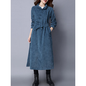 Retro Women Corduroy Long Sleeve Solid Color Belted Long Trench Coat