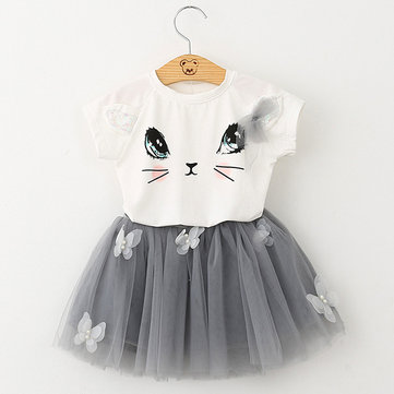 2Pcs Kid Girls Cute Cat Padrão T-shirt de manga curta Butterfly Tutu Jujeira