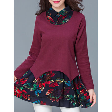 Mulheres elegantes impressas florais Fake Blusa de manga comprida de duas pe&ccedil;as