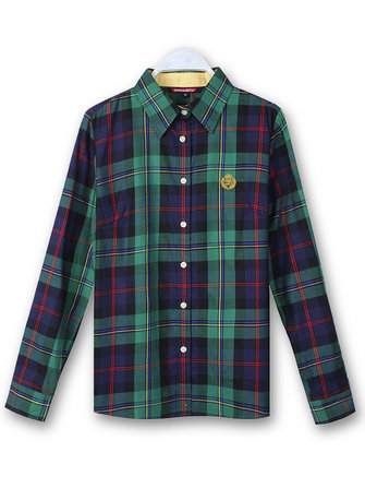 Women Cotton Button Blouse Plaid Turn Down Long Sleeve Shirt